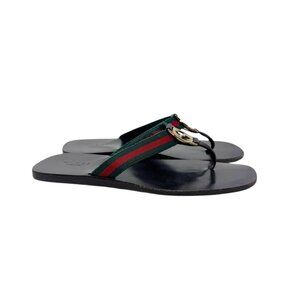 GUCCI Web GG Buckle Thong Sandals Flip Flops Leather